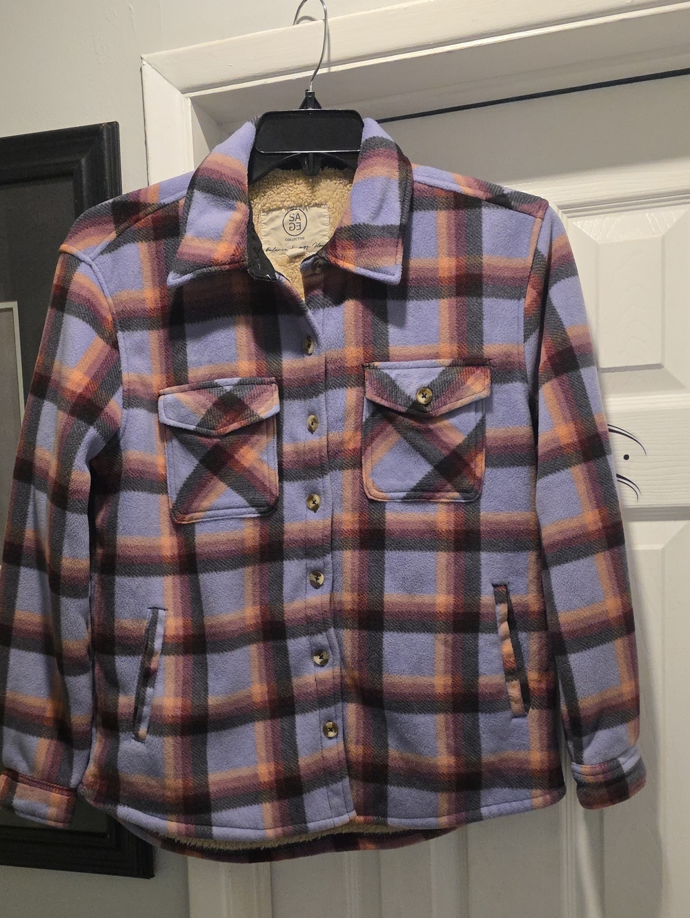 Sage Lavender Plaid Sherpa-Lined Jean Jacket